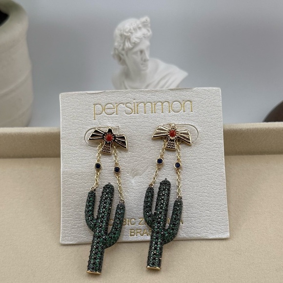 Persimmon Cactus Dangle Earrings – Brass & Cubic Zirconia - Picture 4 of 4